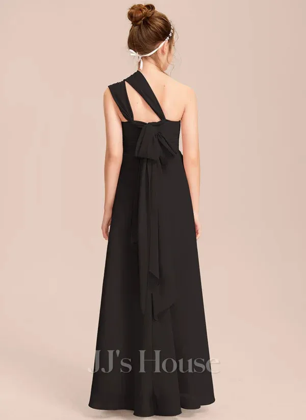 NEW JJ House A-line Halter One Shoulder V-Neck Floor-Length Chiffon Junior Bridesmaid Dress, wear many ways, Sz Junior 14, Black, Retails $93