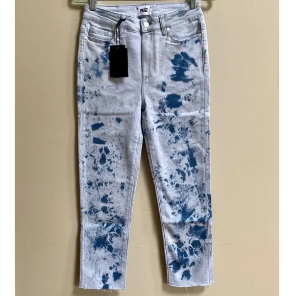 PAIGE Tie Dye Hoxton Slim Crop Raw Hem Jeans Size 28