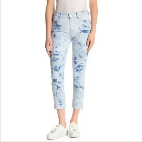 PAIGE Tie Dye Hoxton Slim Crop Raw Hem Jeans Size 28