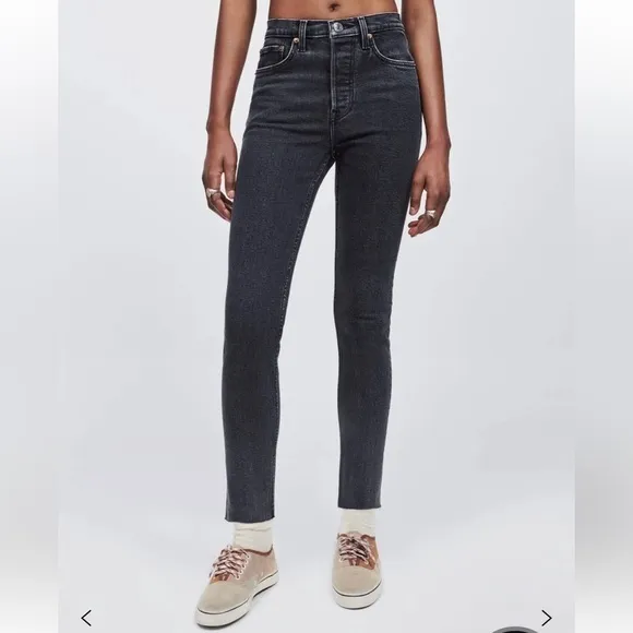 Re/Done Stretch High Rise Ankle Crop Raw Hem Black Jeans Size 30