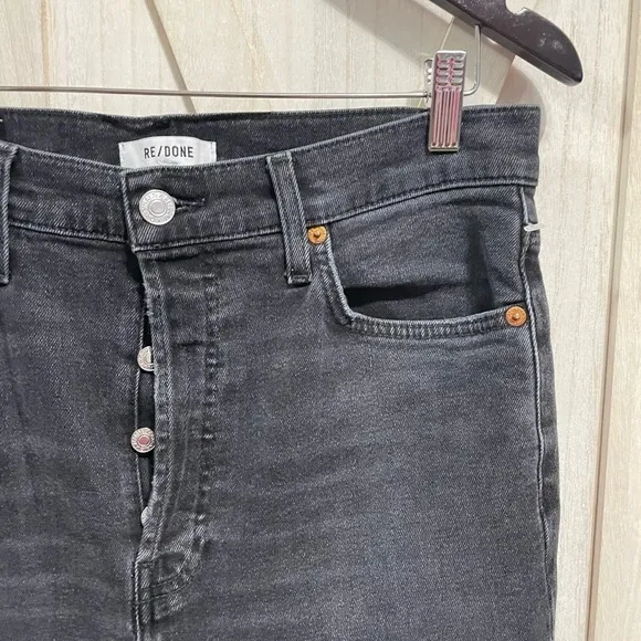 Re/Done Stretch High Rise Ankle Crop Raw Hem Black Jeans Size 30