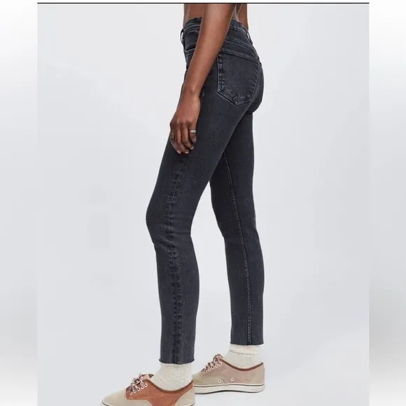 Re/Done Stretch High Rise Ankle Crop Raw Hem Black Jeans Size 30