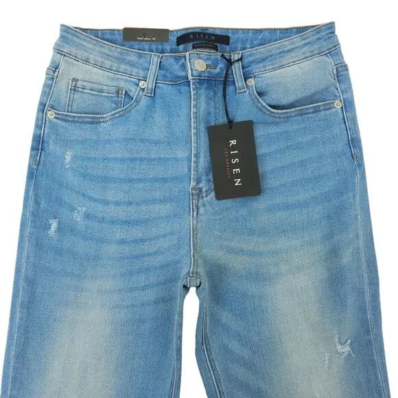 Risen Jeans High Rise Fray Hem Flare Distressed Sz 30/11 Light Wash Stretchy NEW