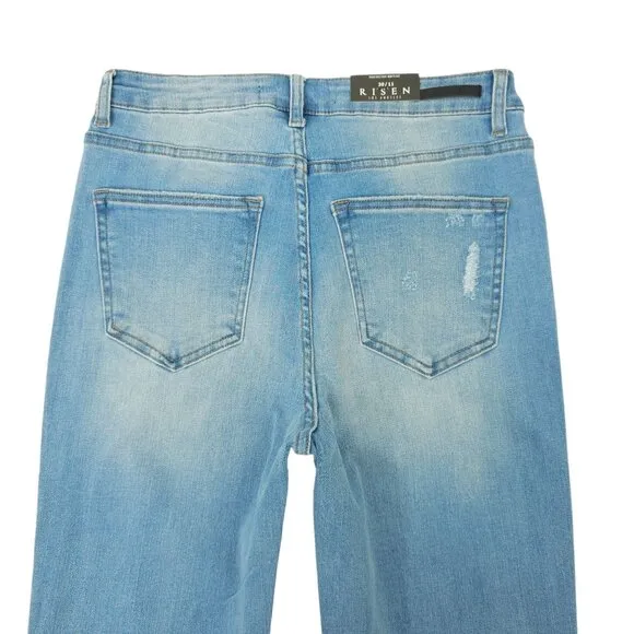 Risen Jeans High Rise Fray Hem Flare Distressed Sz 30/11 Light Wash Stretchy NEW