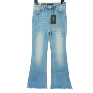 Risen Jeans High Rise Fray Hem Flare Distressed Sz 30/11 Light Wash Stretchy NEW