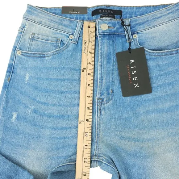 Risen Jeans High Rise Fray Hem Flare Distressed Sz 30/11 Light Wash Stretchy NEW