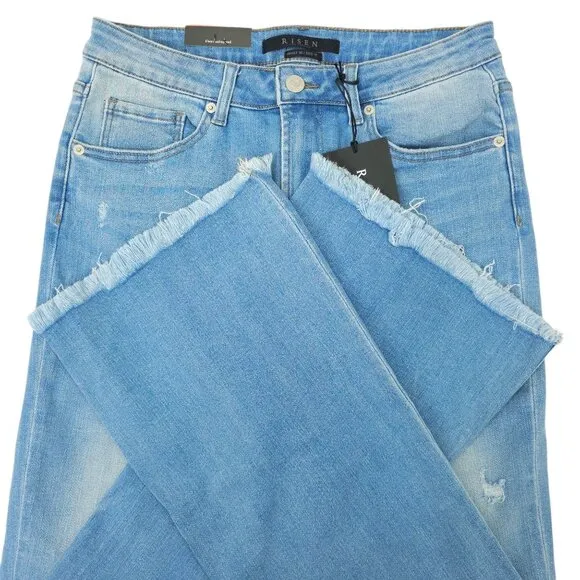Risen Jeans High Rise Fray Hem Flare Distressed Sz 30/11 Light Wash Stretchy NEW