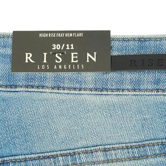 Risen Jeans High Rise Fray Hem Flare Distressed Sz 30/11 Light Wash Stretchy NEW