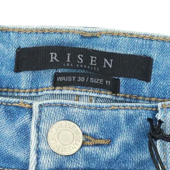 Risen Jeans High Rise Fray Hem Flare Distressed Sz 30/11 Light Wash Stretchy NEW