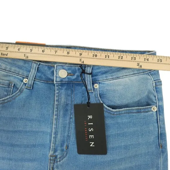 Risen Jeans High Rise Fray Hem Flare Distressed Sz 30/11 Light Wash Stretchy NEW