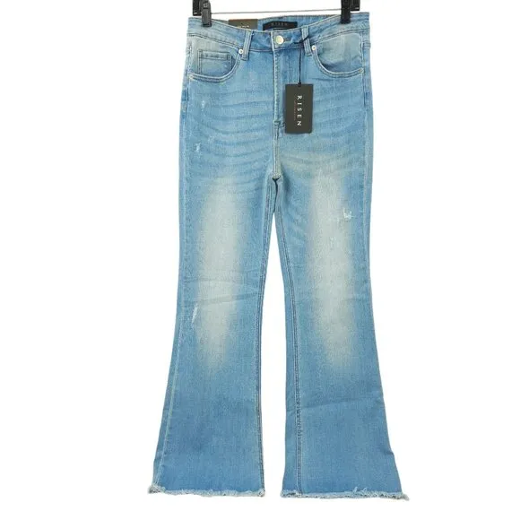 Risen Jeans High Rise Fray Hem Flare Distressed Sz 30/11 Light Wash Stretchy NEW