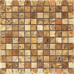 Scabos POLISHED and Unfilled Travertine Mosaic 1x1 Tile - 6" x 6" Sample