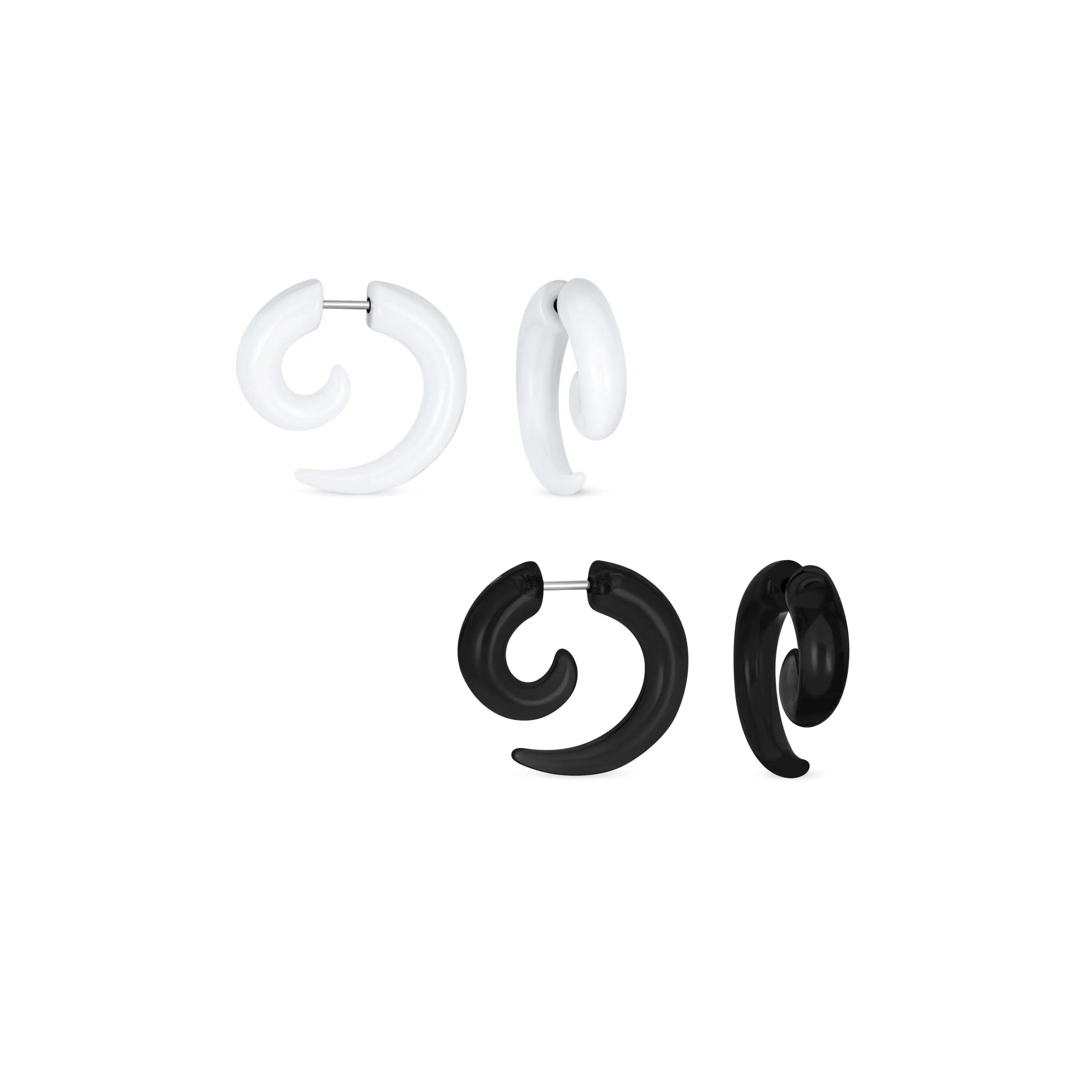 Set of 2 Unisex Black White Spiral Tribal Ear Plug Taper Earrings Set