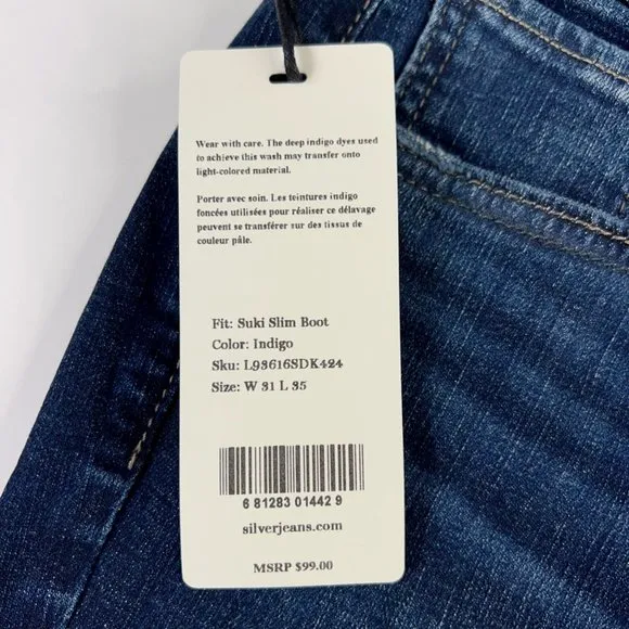 Silver Jeans Womens Suki Slim Boot Cut Mid Rise Curvy Pockets Indigo Blue 31 New