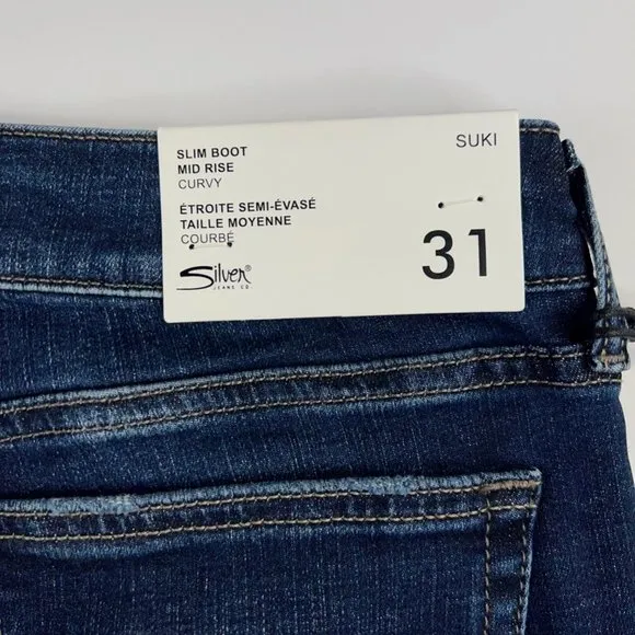 Silver Jeans Womens Suki Slim Boot Cut Mid Rise Curvy Pockets Indigo Blue 31 New