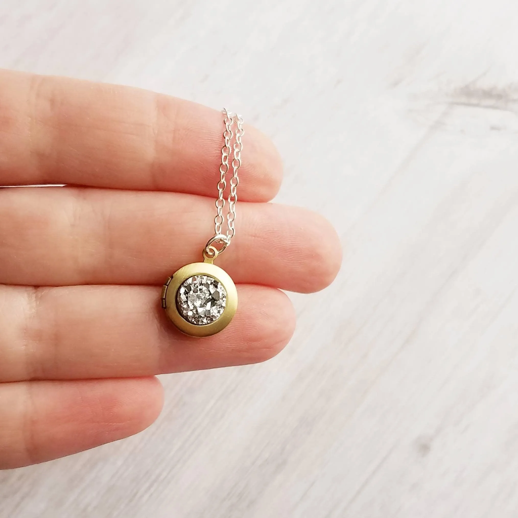 Small Locket Necklace, .925 sterling silver chain, little gold locket, tiny brass locket, photo keepsake necklace faux stone imitation druzy
