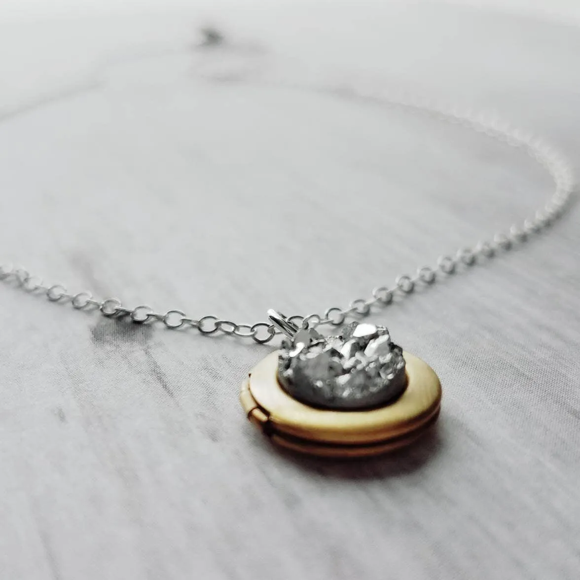 Small Locket Necklace, .925 sterling silver chain, little gold locket, tiny brass locket, photo keepsake necklace faux stone imitation druzy