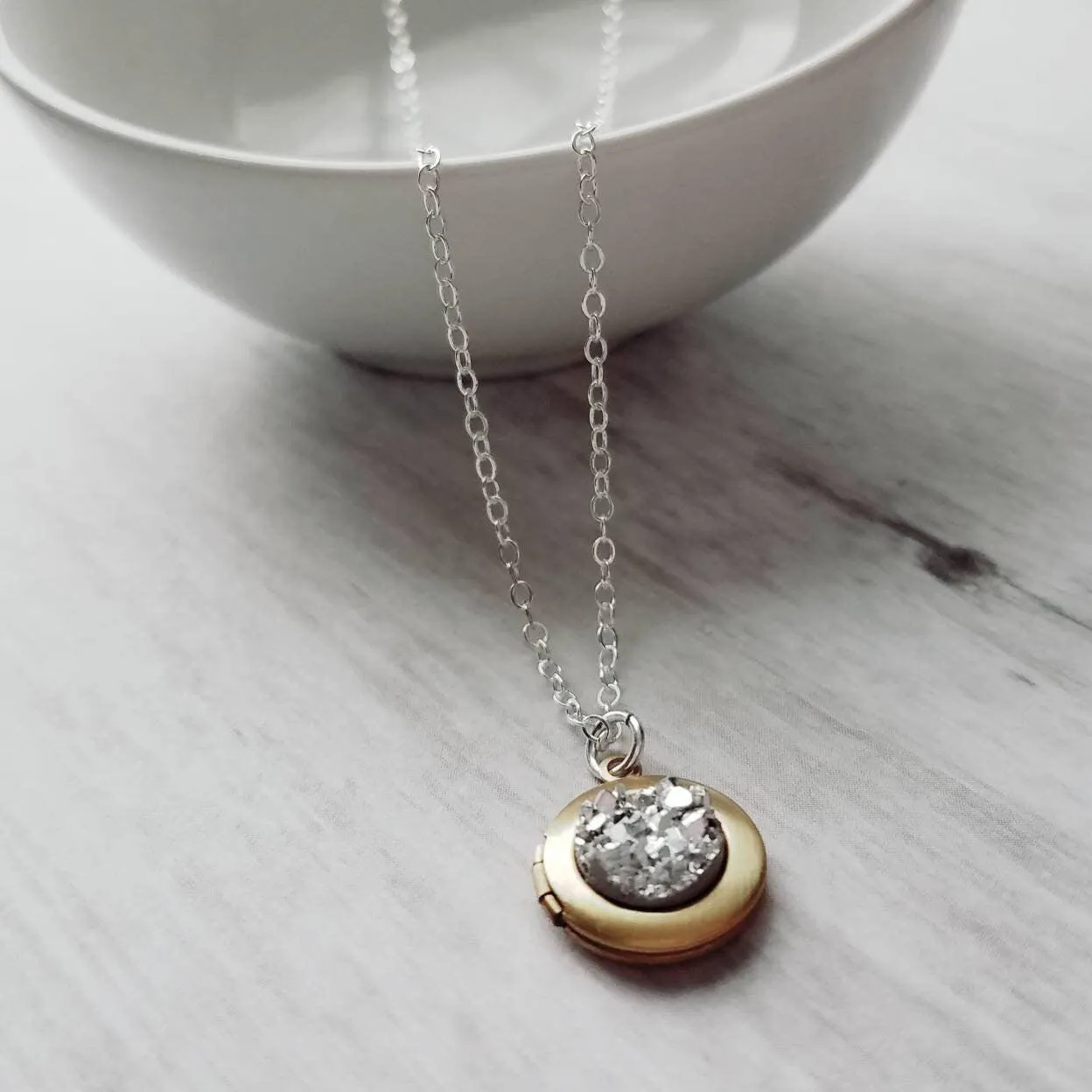 Small Locket Necklace, .925 sterling silver chain, little gold locket, tiny brass locket, photo keepsake necklace faux stone imitation druzy