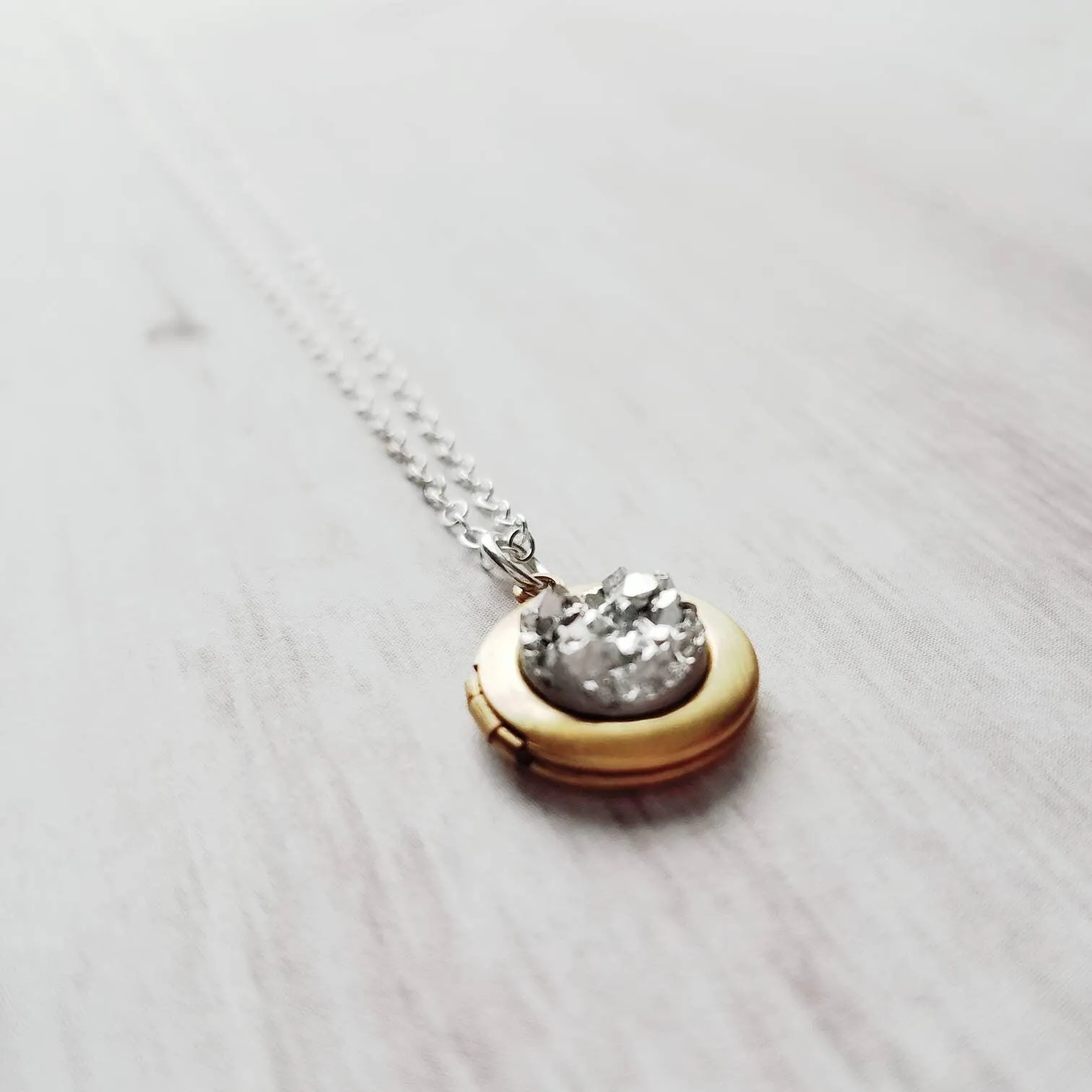 Small Locket Necklace, .925 sterling silver chain, little gold locket, tiny brass locket, photo keepsake necklace faux stone imitation druzy