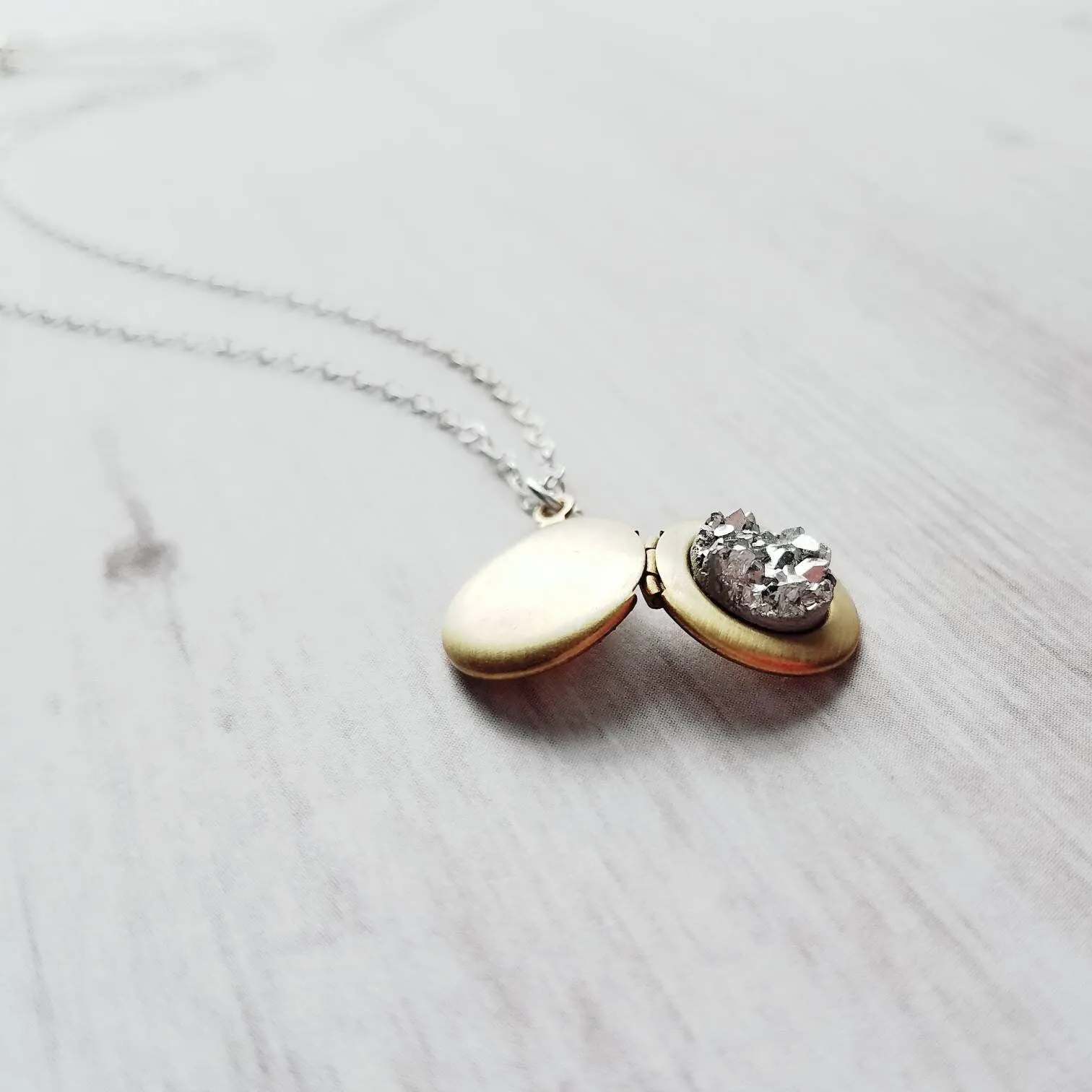 Small Locket Necklace, .925 sterling silver chain, little gold locket, tiny brass locket, photo keepsake necklace faux stone imitation druzy