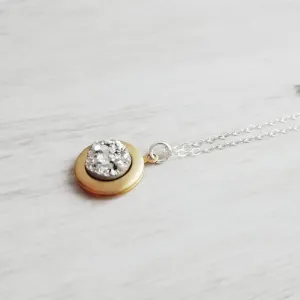 Small Locket Necklace, .925 sterling silver chain, little gold locket, tiny brass locket, photo keepsake necklace faux stone imitation druzy