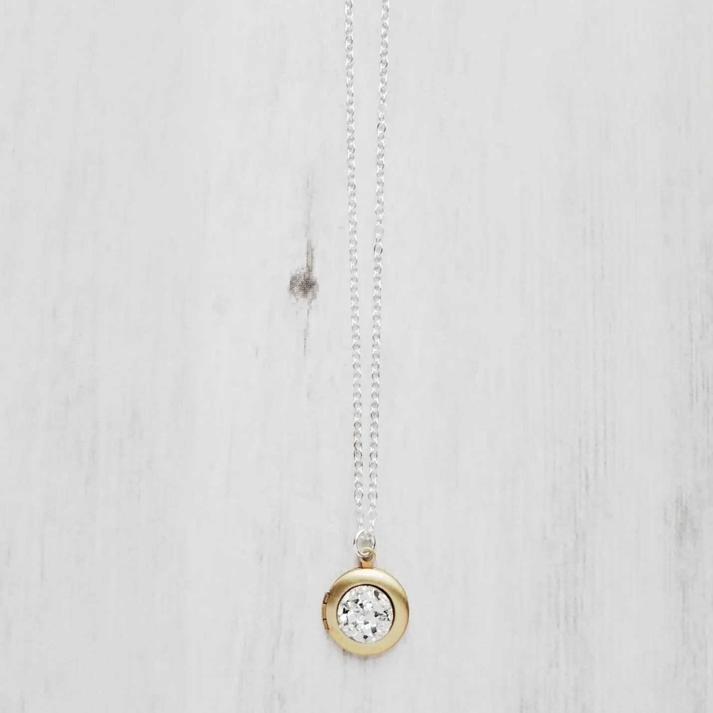 Small Locket Necklace, .925 sterling silver chain, little gold locket, tiny brass locket, photo keepsake necklace faux stone imitation druzy