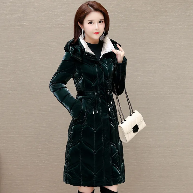 Solid Color Padded Knee-length Women's Puffer Jacket