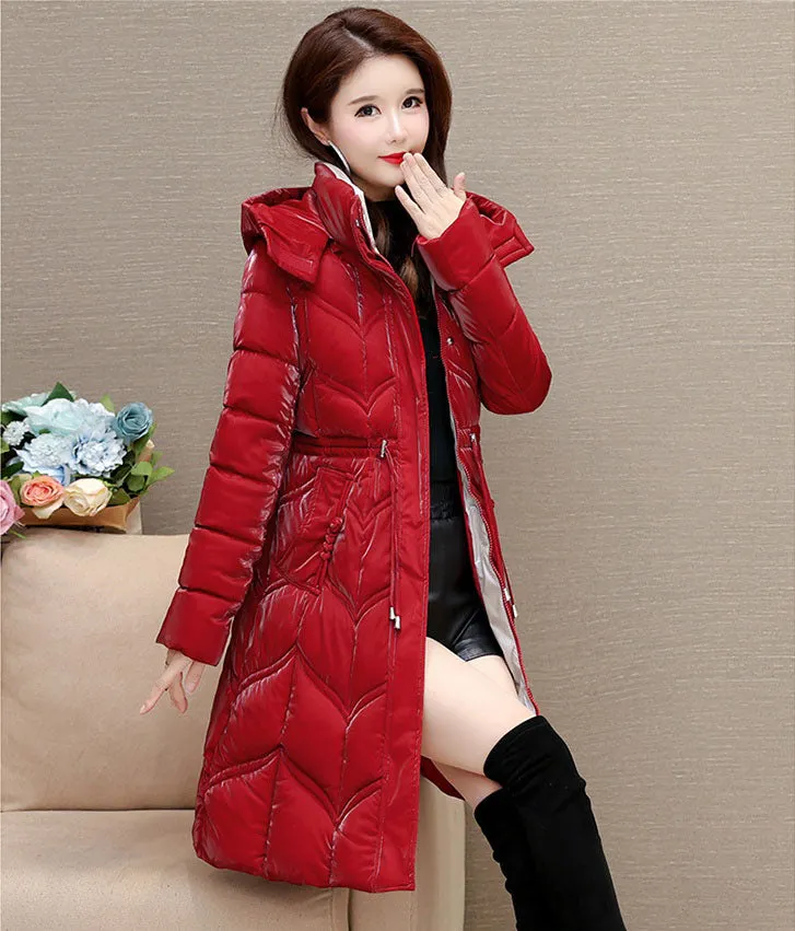 Solid Color Padded Knee-length Women's Puffer Jacket