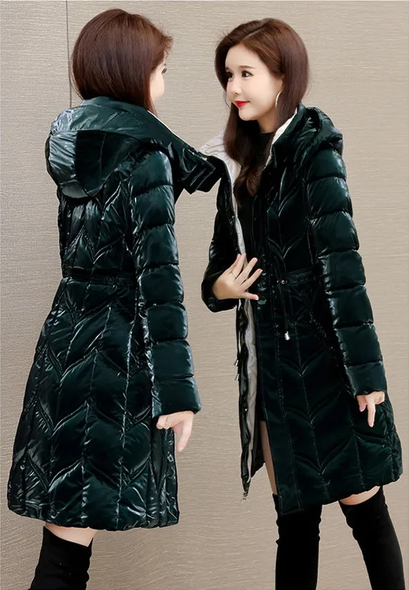 Solid Color Padded Knee-length Women's Puffer Jacket