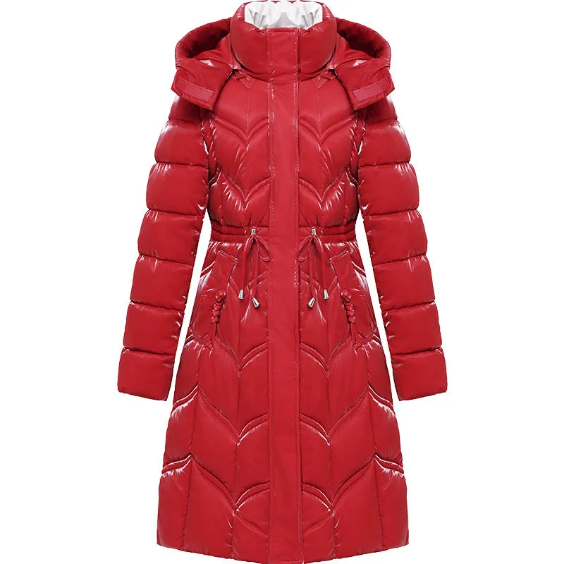 Solid Color Padded Knee-length Women's Puffer Jacket