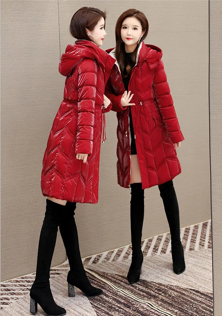 Solid Color Padded Knee-length Women's Puffer Jacket