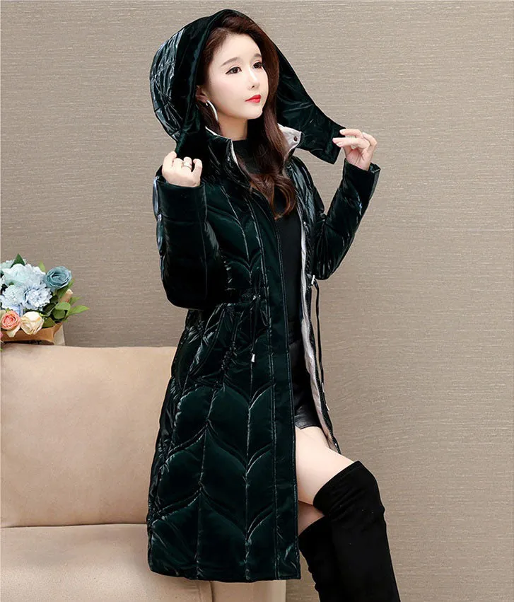 Solid Color Padded Knee-length Women's Puffer Jacket