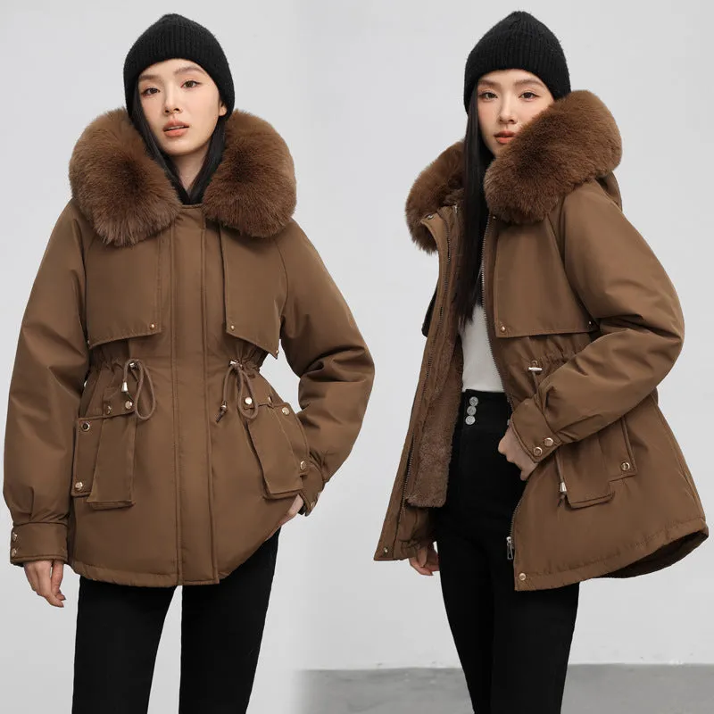 Solid Color Relaxed-Fit Parka with Windproof Design and Drawstring Waist