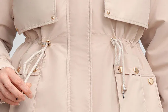 Solid Color Relaxed-Fit Parka with Windproof Design and Drawstring Waist