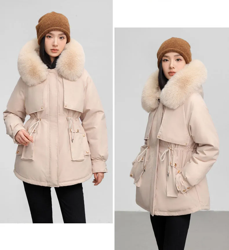 Solid Color Relaxed-Fit Parka with Windproof Design and Drawstring Waist
