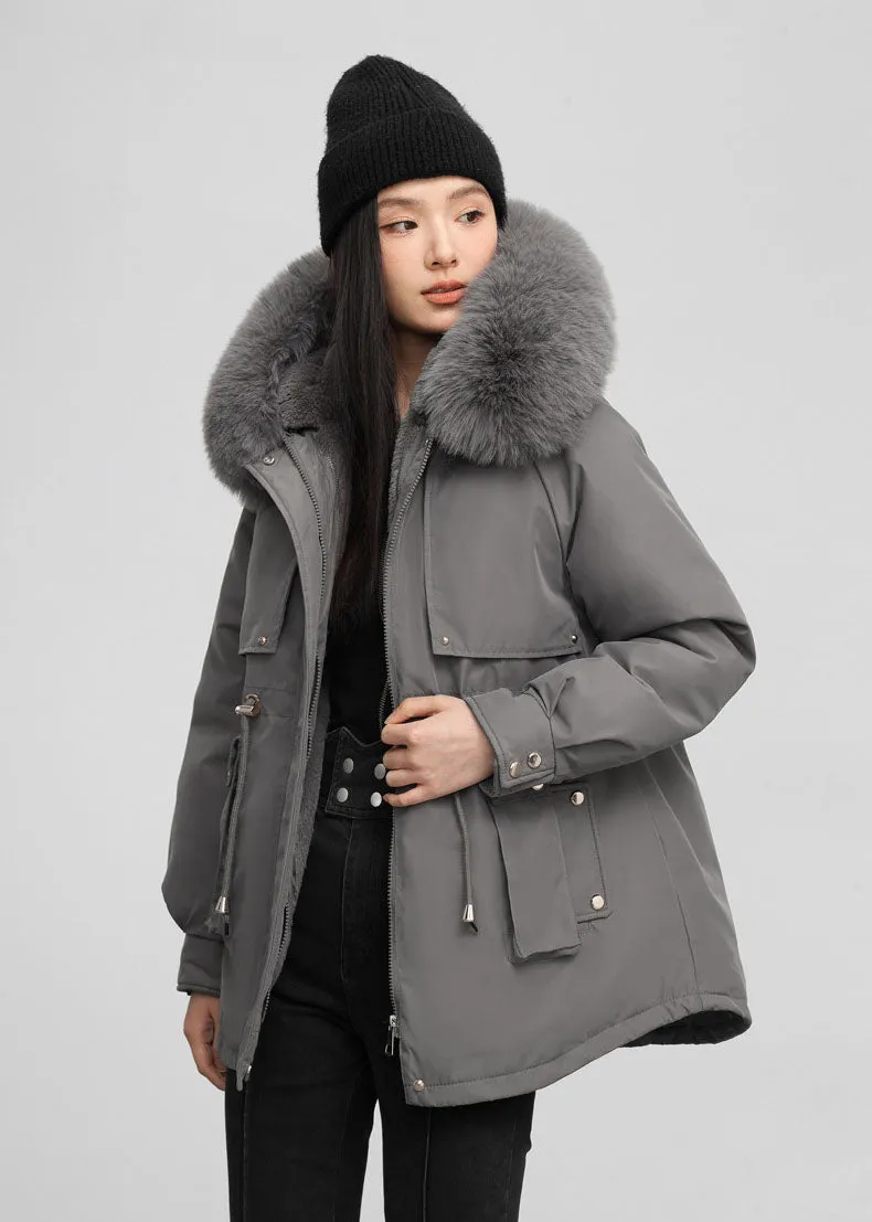 Solid Color Relaxed-Fit Parka with Windproof Design and Drawstring Waist
