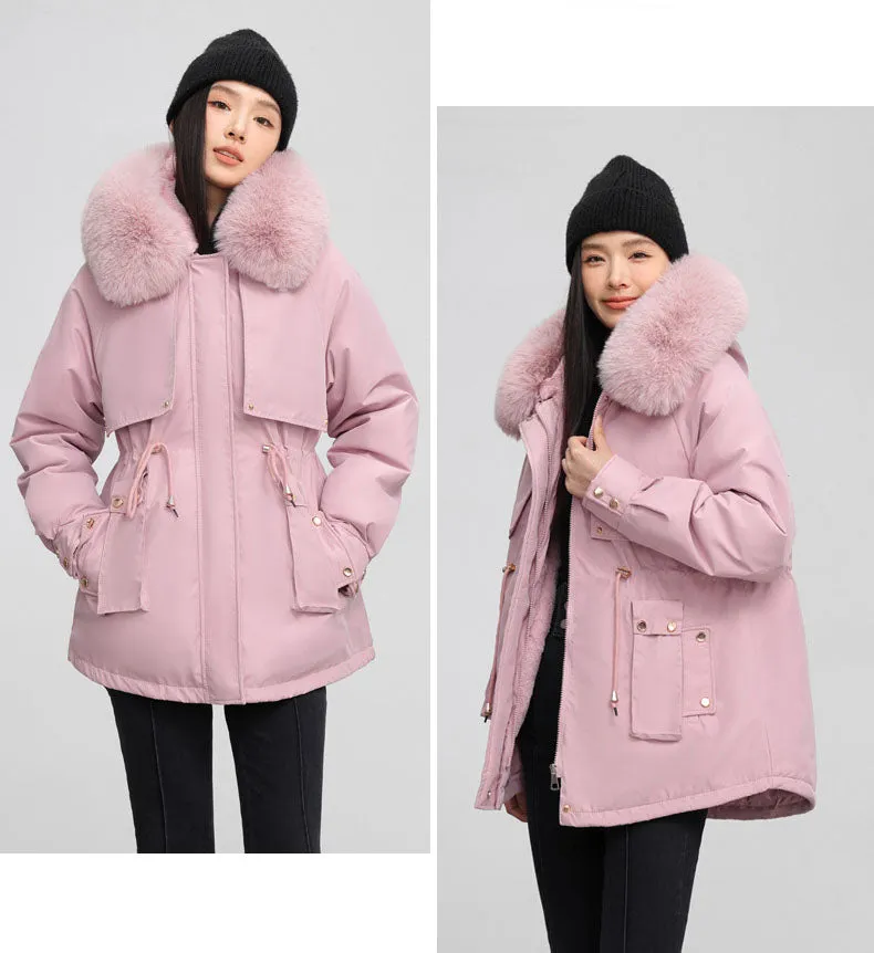 Solid Color Relaxed-Fit Parka with Windproof Design and Drawstring Waist