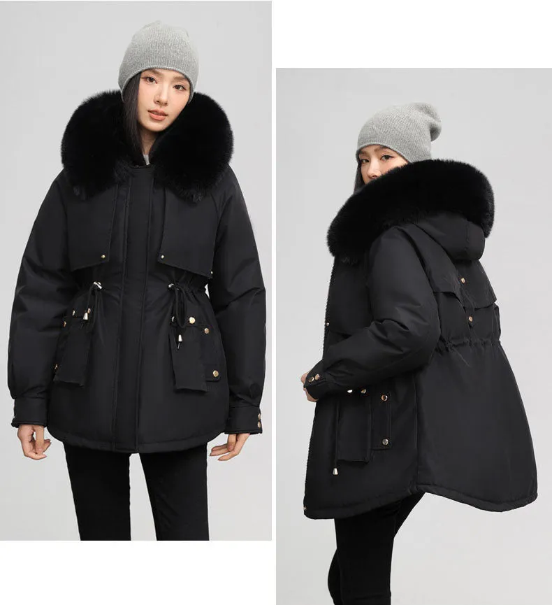 Solid Color Relaxed-Fit Parka with Windproof Design and Drawstring Waist