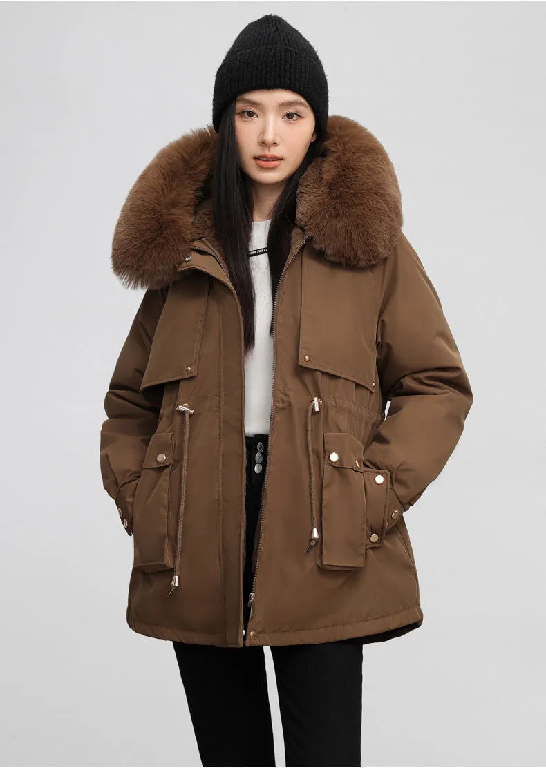 Solid Color Relaxed-Fit Parka with Windproof Design and Drawstring Waist