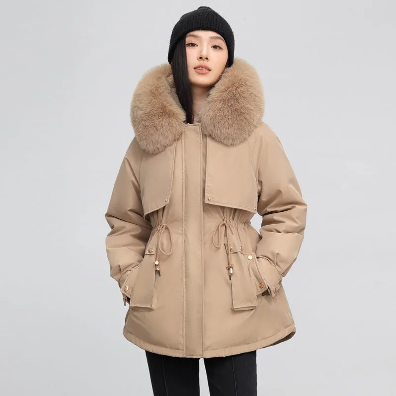 Solid Color Relaxed-Fit Parka with Windproof Design and Drawstring Waist