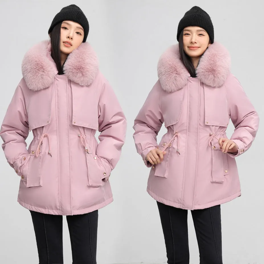 Solid Color Relaxed-Fit Parka with Windproof Design and Drawstring Waist