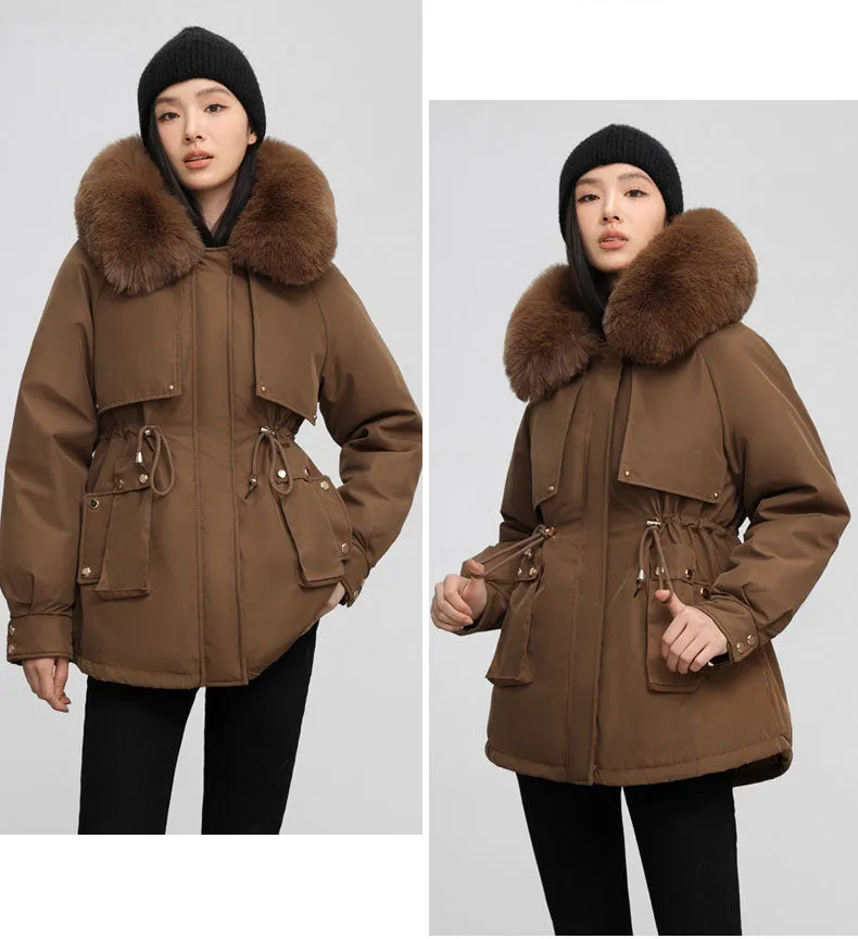 Solid Color Relaxed-Fit Parka with Windproof Design and Drawstring Waist