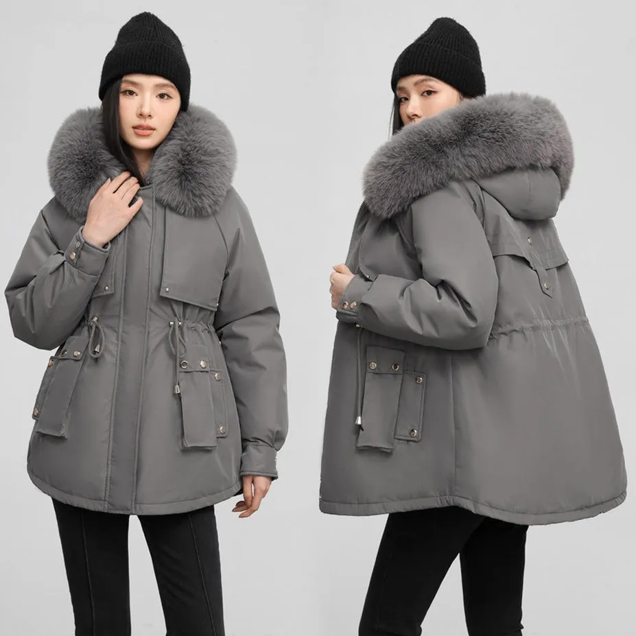 Solid Color Relaxed-Fit Parka with Windproof Design and Drawstring Waist