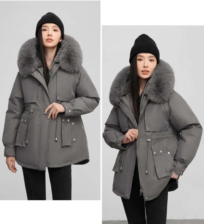 Solid Color Relaxed-Fit Parka with Windproof Design and Drawstring Waist