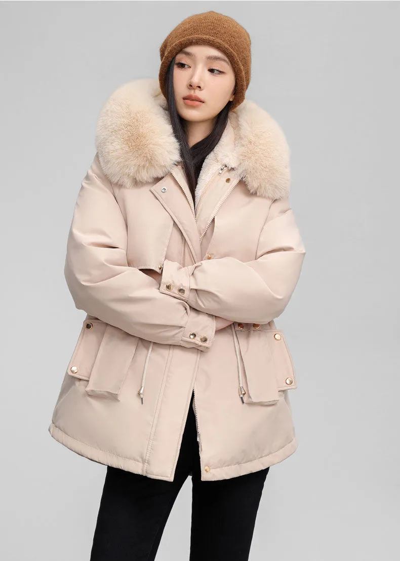 Solid Color Relaxed-Fit Parka with Windproof Design and Drawstring Waist