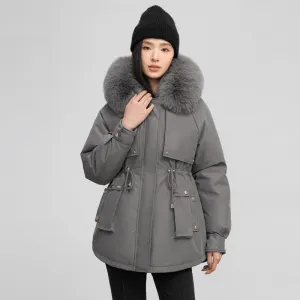 Solid Color Relaxed-Fit Parka with Windproof Design and Drawstring Waist