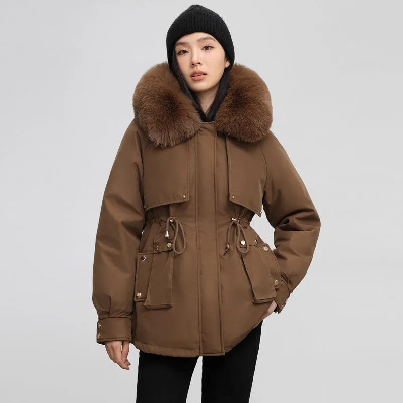 Solid Color Relaxed-Fit Parka with Windproof Design and Drawstring Waist