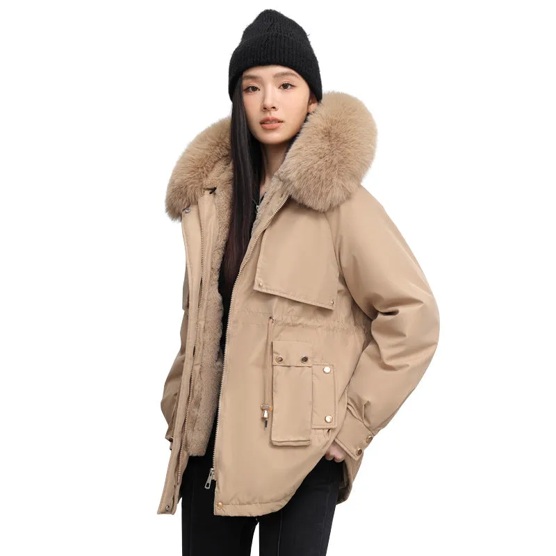 Solid Color Relaxed-Fit Parka with Windproof Design and Drawstring Waist