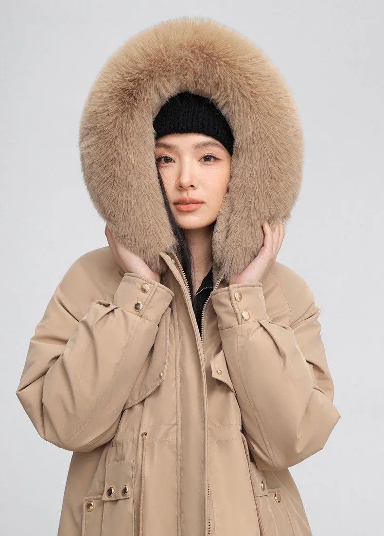 Solid Color Relaxed-Fit Parka with Windproof Design and Drawstring Waist