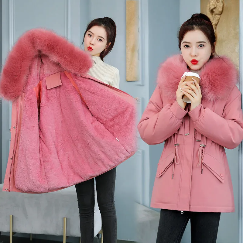 Solid Zip-Up Parka with a Thickened Fleece-Lined Interior